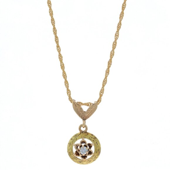 Jewelry - Yellow Gold Diamond Art Deco Flower Pendant Necklace 16" - 14k European